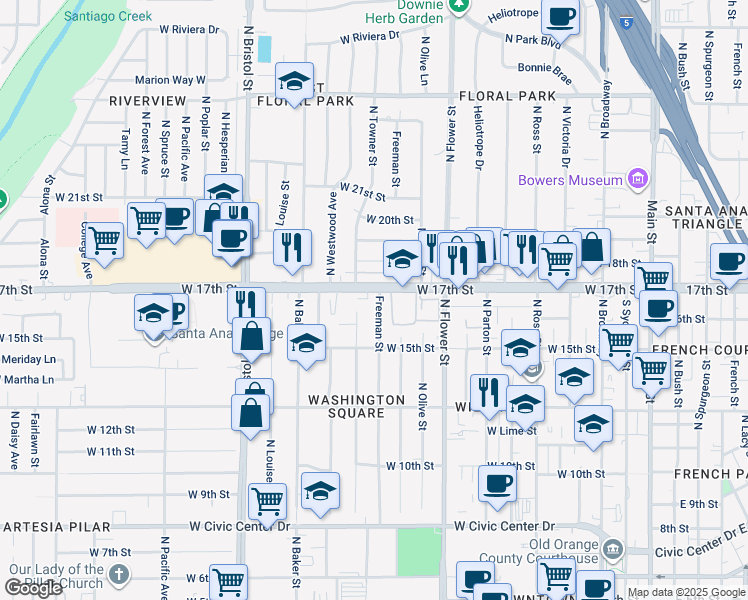 map of restaurants, bars, coffee shops, grocery stores, and more near 1601 Freeman Street in Santa Ana