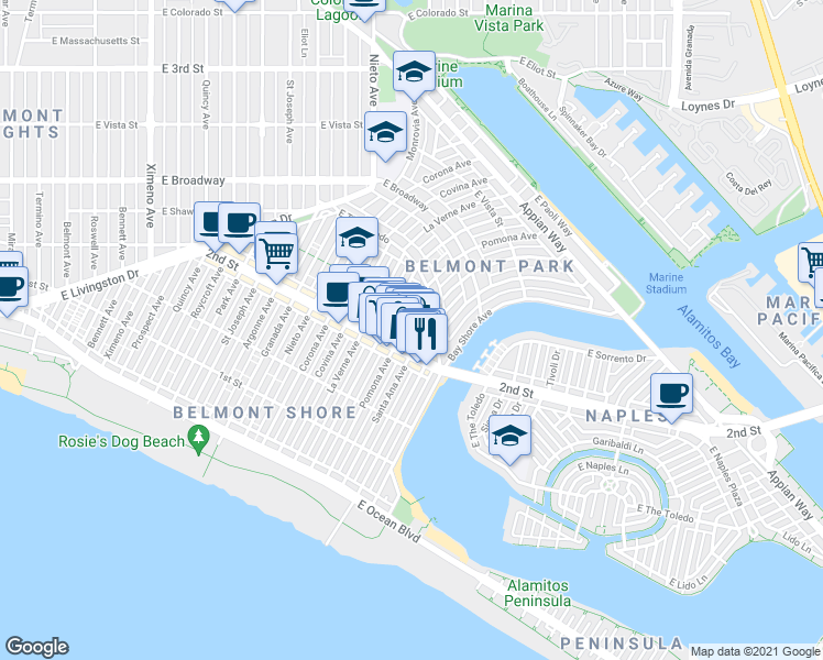 map of restaurants, bars, coffee shops, grocery stores, and more near 5353 2nd Street in Long Beach