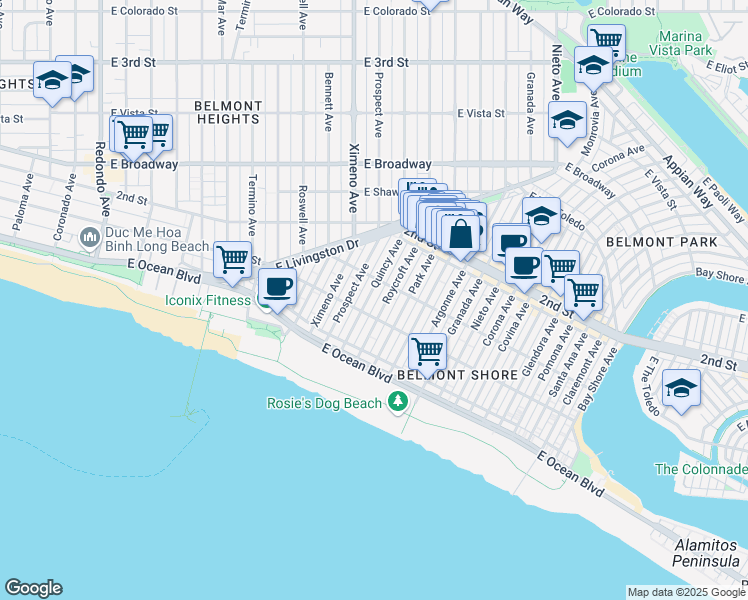 map of restaurants, bars, coffee shops, grocery stores, and more near in Long Beach