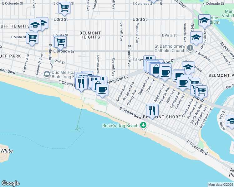 map of restaurants, bars, coffee shops, grocery stores, and more near 40 Ximeno Avenue in Long Beach