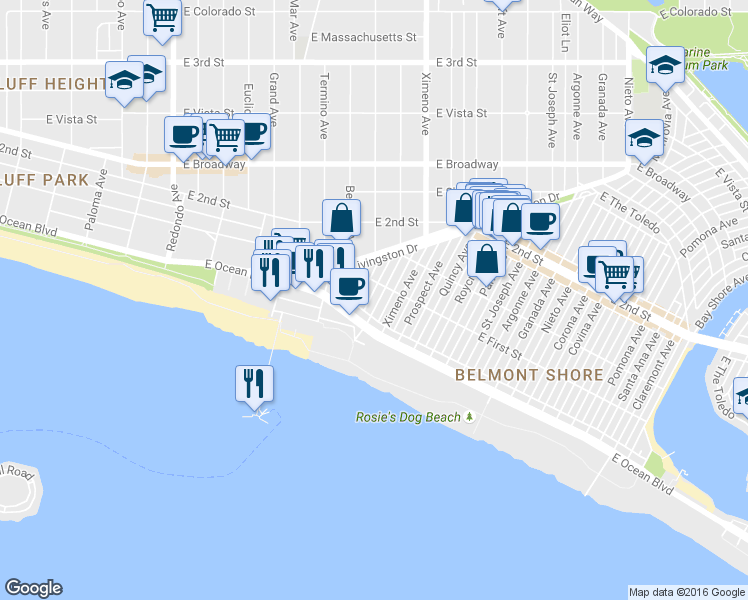 map of restaurants, bars, coffee shops, grocery stores, and more near 4233 East Ocean Boulevard in Long Beach
