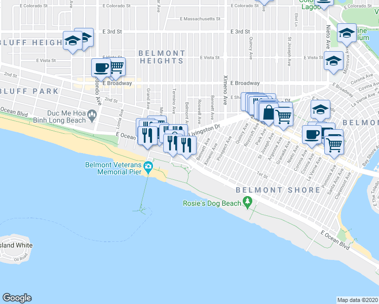 map of restaurants, bars, coffee shops, grocery stores, and more near in Long Beach