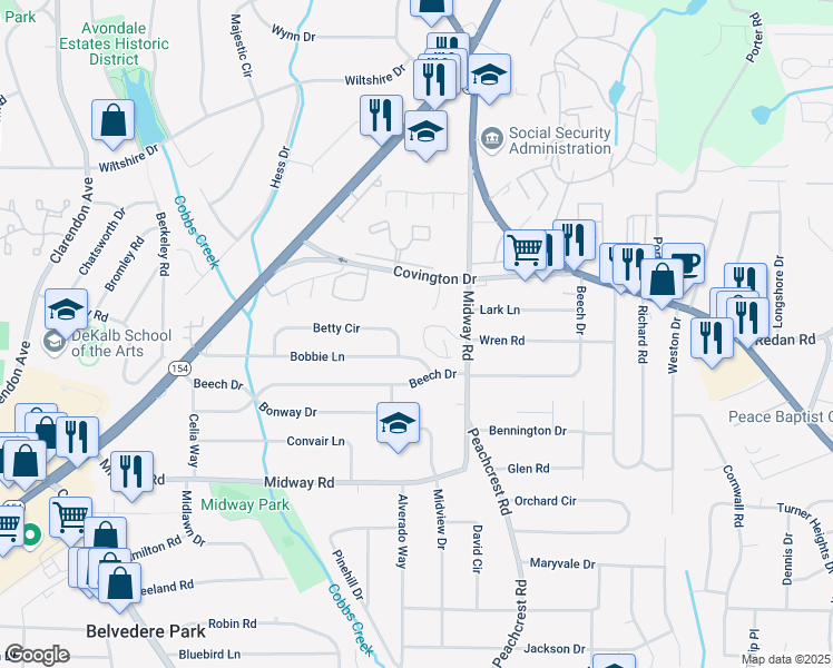 map of restaurants, bars, coffee shops, grocery stores, and more near 1259 Crescentwood Lane in Decatur