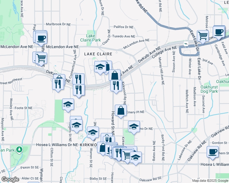 map of restaurants, bars, coffee shops, grocery stores, and more near 229 Howard Street Northeast in Atlanta