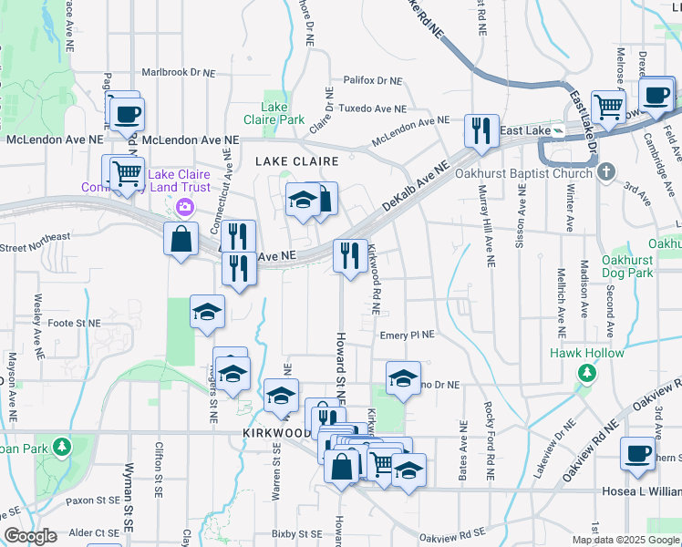 map of restaurants, bars, coffee shops, grocery stores, and more near 229 Howard Street Northeast in Atlanta