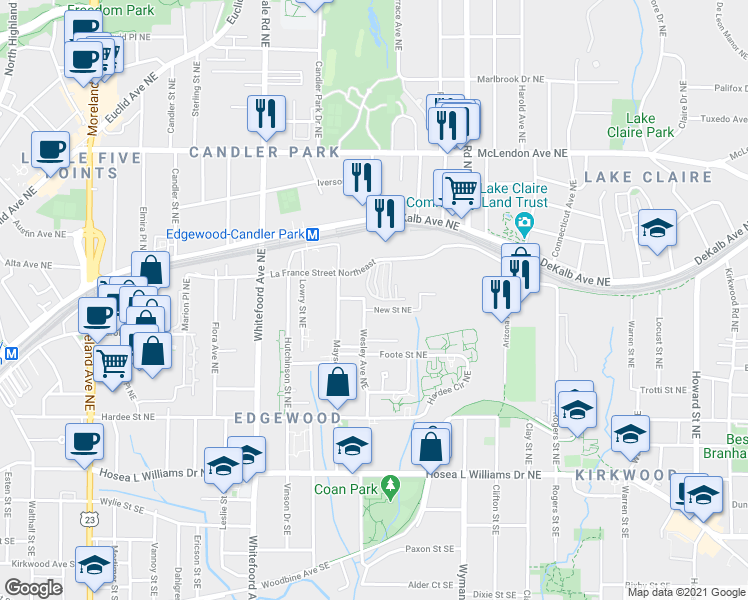 map of restaurants, bars, coffee shops, grocery stores, and more near 202 Wesley Avenue Northeast in Atlanta