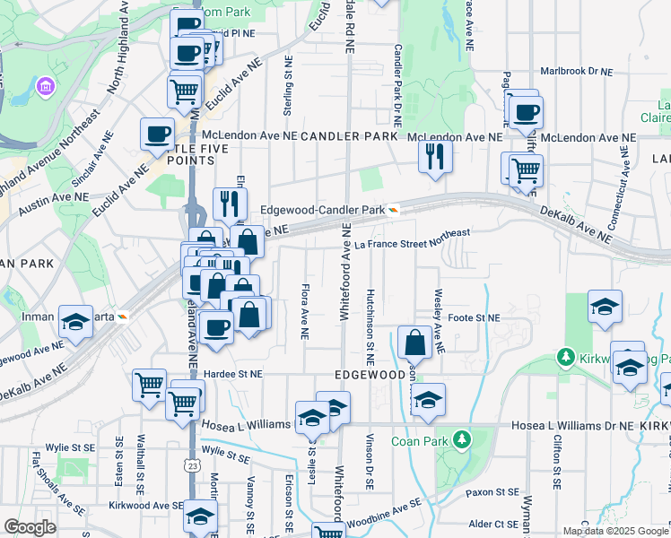 map of restaurants, bars, coffee shops, grocery stores, and more near 200 Whitefoord Avenue Northeast in Atlanta