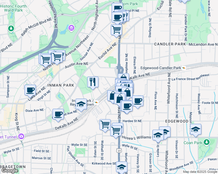 map of restaurants, bars, coffee shops, grocery stores, and more near 212 Haralson Avenue Northeast in Atlanta