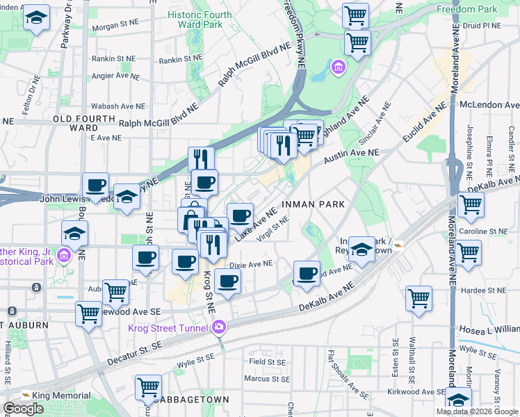 map of restaurants, bars, coffee shops, grocery stores, and more near 837 Inman Village Parkway Northeast in Atlanta