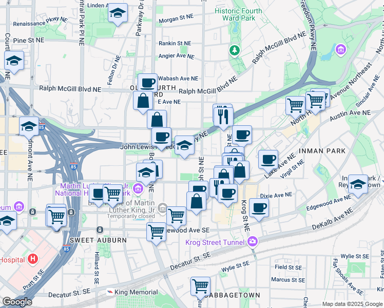 map of restaurants, bars, coffee shops, grocery stores, and more near 568 John Wesley Dobbs Avenue Northeast in Atlanta