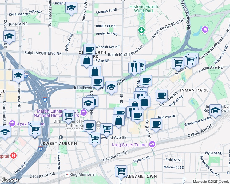 map of restaurants, bars, coffee shops, grocery stores, and more near 551 John Wesley Dobbs Avenue Northeast in Atlanta