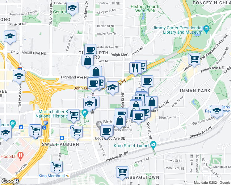 map of restaurants, bars, coffee shops, grocery stores, and more near 551 John Wesley Dobbs Avenue Northeast in Atlanta