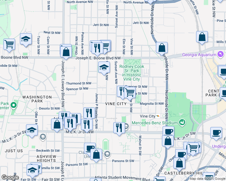 map of restaurants, bars, coffee shops, grocery stores, and more near 157 Griffin Street Northwest in Atlanta
