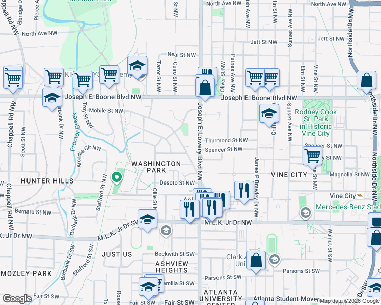map of restaurants, bars, coffee shops, grocery stores, and more near 956 Mayson Turner Road Northwest in Atlanta
