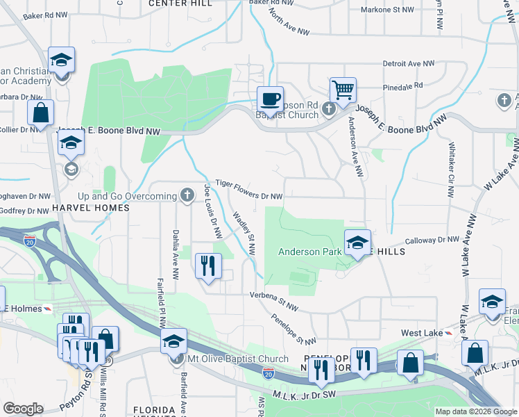 map of restaurants, bars, coffee shops, grocery stores, and more near 190 Carver Circle Northwest in Atlanta
