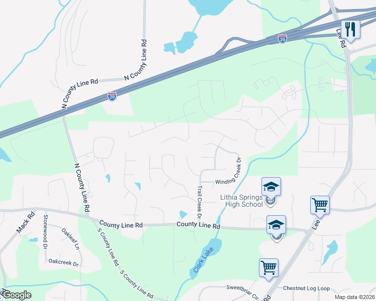 map of restaurants, bars, coffee shops, grocery stores, and more near 2772 Woodbine Trail in Lithia Springs