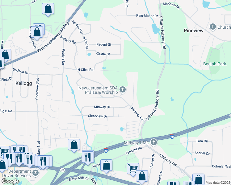 map of restaurants, bars, coffee shops, grocery stores, and more near 4202 Midway Road in Douglasville