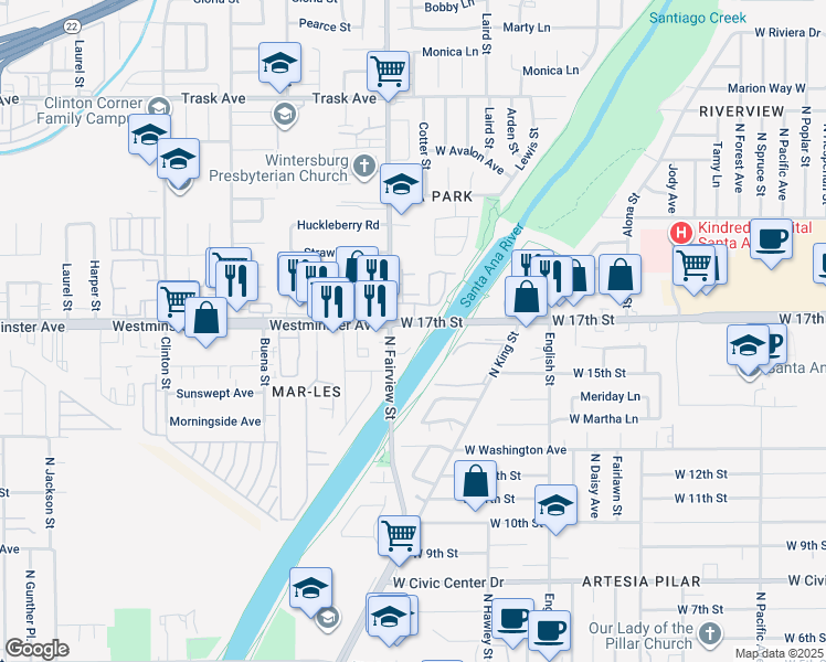 map of restaurants, bars, coffee shops, grocery stores, and more near 2410 West 17th Street in Santa Ana