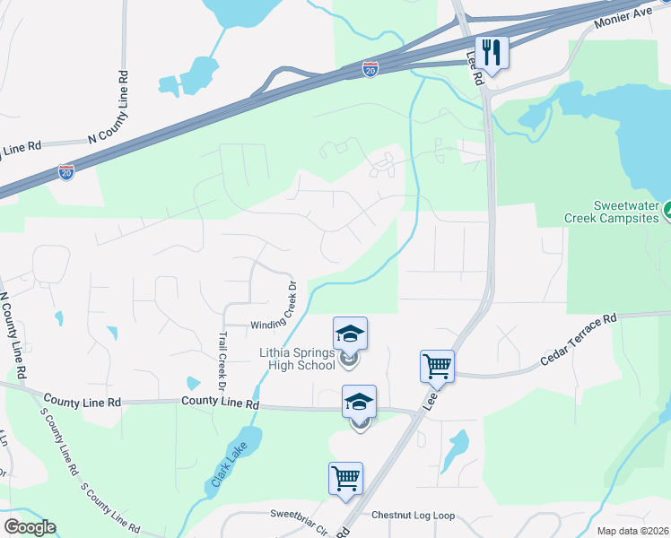 map of restaurants, bars, coffee shops, grocery stores, and more near 8048 Windmark Place in Lithia Springs