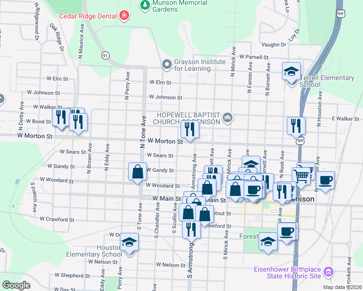 map of restaurants, bars, coffee shops, grocery stores, and more near 831 West Sears Street in Denison