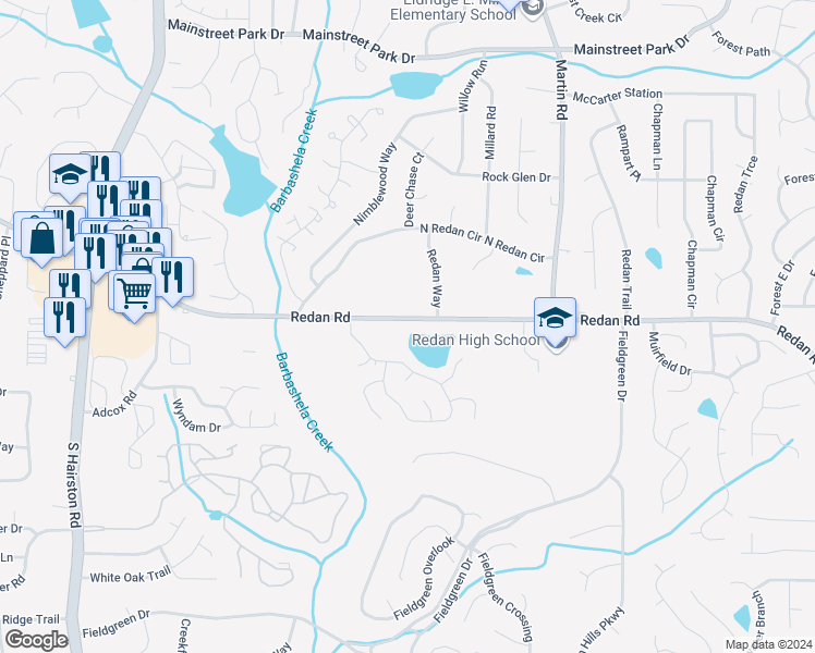 map of restaurants, bars, coffee shops, grocery stores, and more near 5099 Redan Road in Stone Mountain