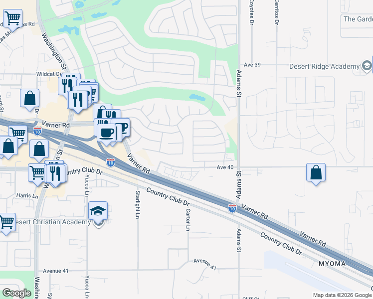 map of restaurants, bars, coffee shops, grocery stores, and more near 39830 Somerset Avenue in Palm Desert