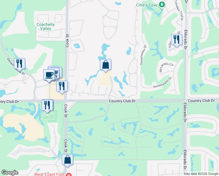 map of restaurants, bars, coffee shops, grocery stores, and more near 112 Sarona Circle in Palm Desert