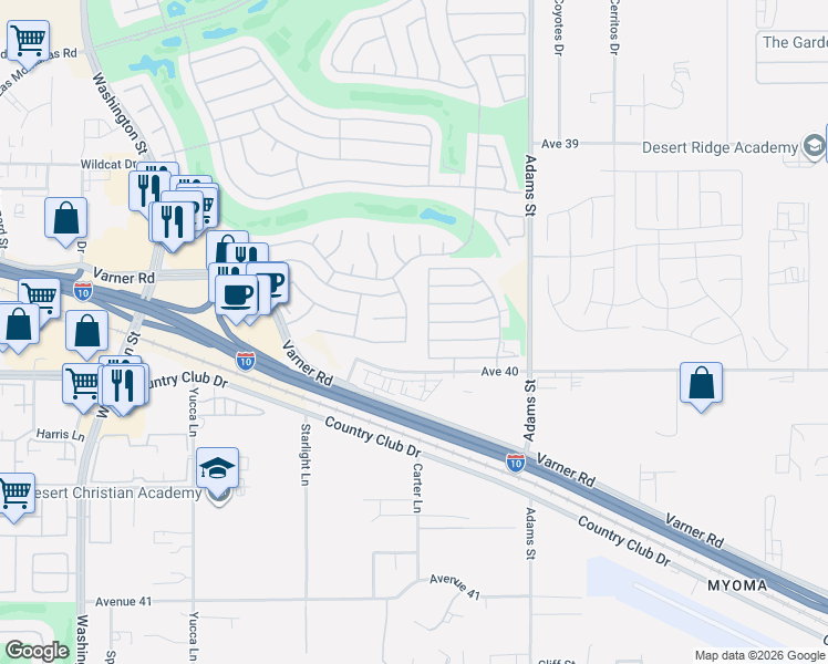 map of restaurants, bars, coffee shops, grocery stores, and more near 39959 Alba Way in Palm Desert