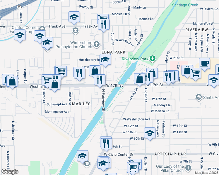 map of restaurants, bars, coffee shops, grocery stores, and more near Santa Ana River Trail in Santa Ana