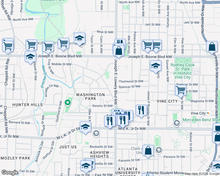 map of restaurants, bars, coffee shops, grocery stores, and more near 956 Mayson Turner Road Northwest in Atlanta