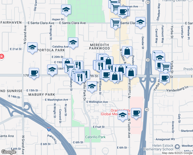 map of restaurants, bars, coffee shops, grocery stores, and more near 1920 East 16th Street in Santa Ana