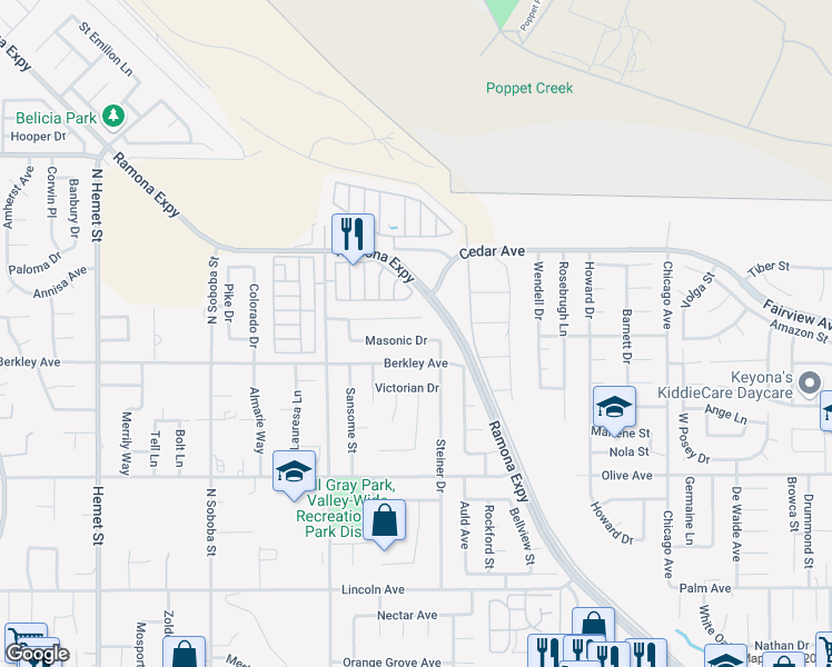 map of restaurants, bars, coffee shops, grocery stores, and more near 42946 Masonic Drive in Hemet
