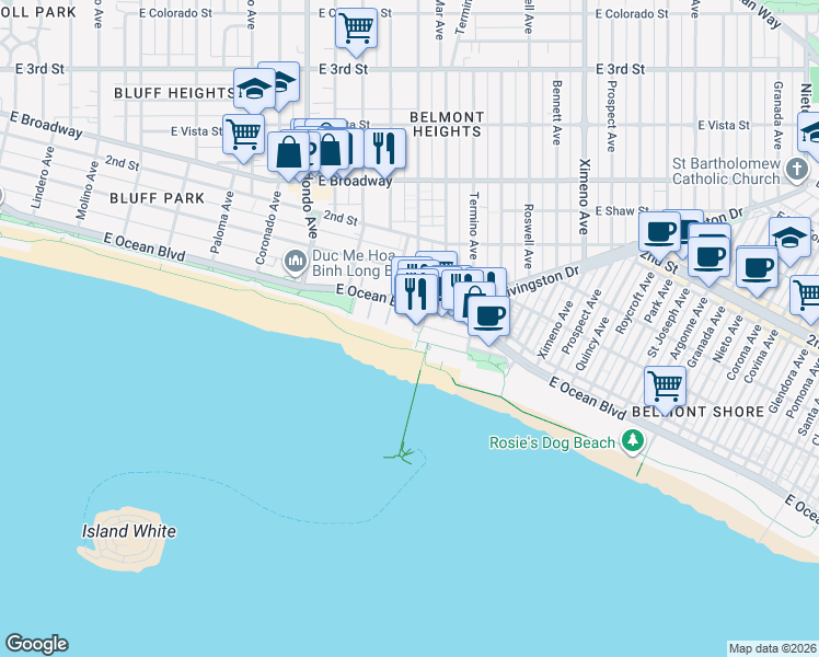 map of restaurants, bars, coffee shops, grocery stores, and more near 15 38th Place in Long Beach