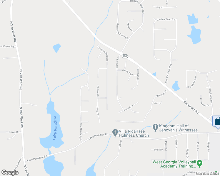 map of restaurants, bars, coffee shops, grocery stores, and more near 268 Holliday Overlook in Villa Rica