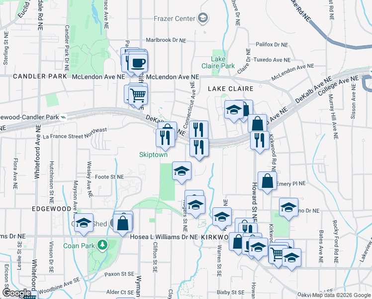 map of restaurants, bars, coffee shops, grocery stores, and more near 83 Rogers Street Northeast in Atlanta