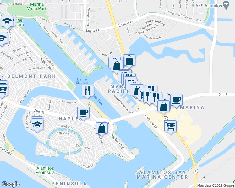 map of restaurants, bars, coffee shops, grocery stores, and more near 8103 Marina Pacifica Drive in Long Beach