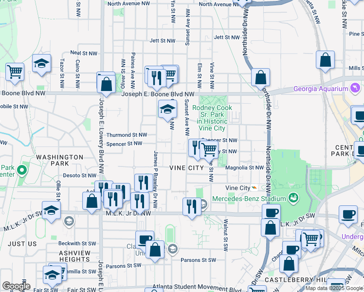 map of restaurants, bars, coffee shops, grocery stores, and more near 186 Sunset Avenue Northwest in Atlanta