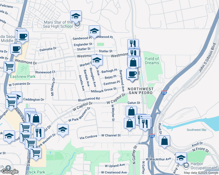 map of restaurants, bars, coffee shops, grocery stores, and more near 912 Millmark Grove Street in Los Angeles
