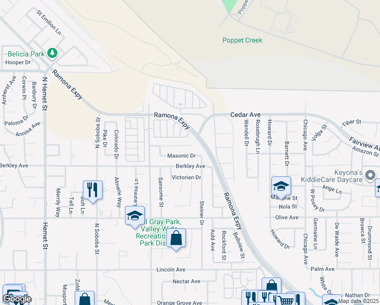map of restaurants, bars, coffee shops, grocery stores, and more near 42946 Masonic Drive in Hemet