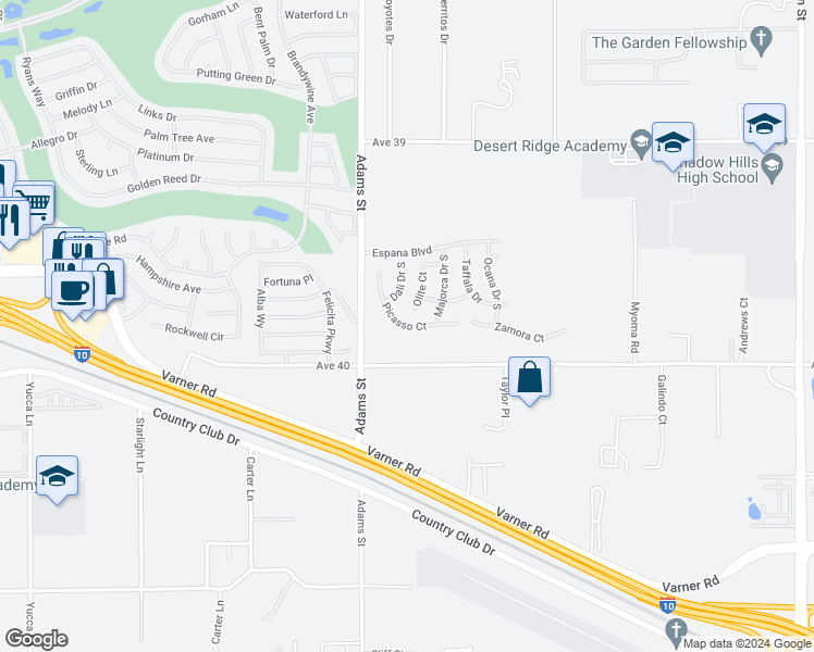 map of restaurants, bars, coffee shops, grocery stores, and more near 73743 Picasso Court in Indio