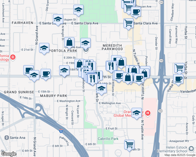 map of restaurants, bars, coffee shops, grocery stores, and more near 1800 East 16th Street in Santa Ana
