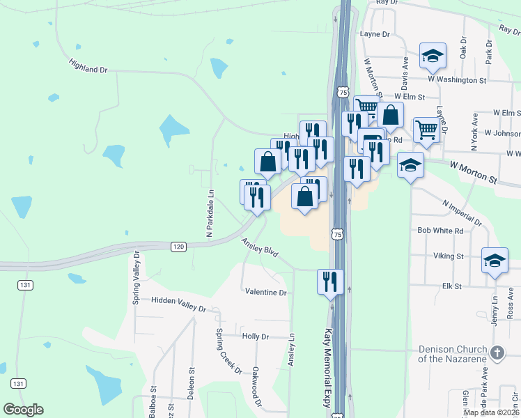 map of restaurants, bars, coffee shops, grocery stores, and more near Farm to Market 120 in Denison