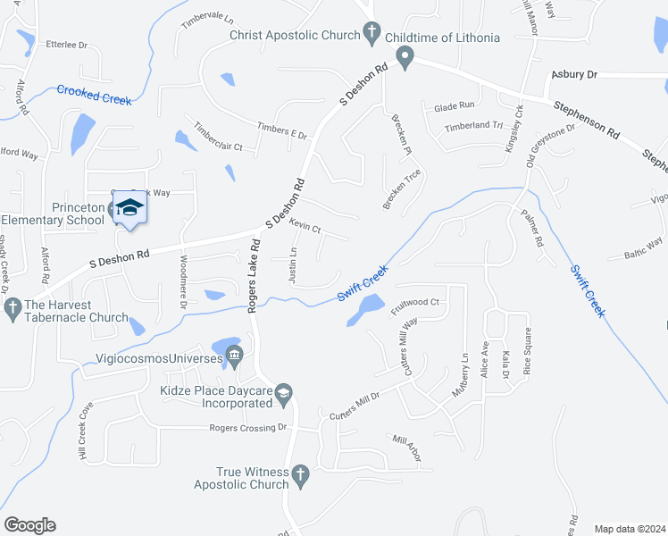 map of restaurants, bars, coffee shops, grocery stores, and more near 1234 Justin Lane in Lithonia