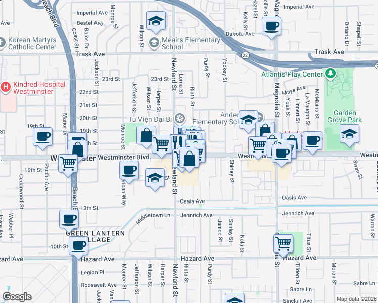 map of restaurants, bars, coffee shops, grocery stores, and more near 8547 Westminster Avenue in Garden Grove