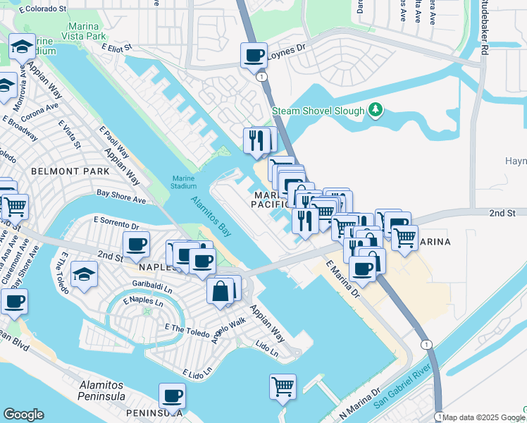 map of restaurants, bars, coffee shops, grocery stores, and more near 7235 Marina Pacifica Drive in Long Beach