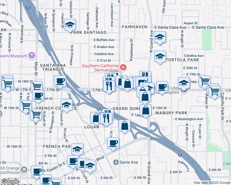 map of restaurants, bars, coffee shops, grocery stores, and more near 1008 17th Street in Santa Ana