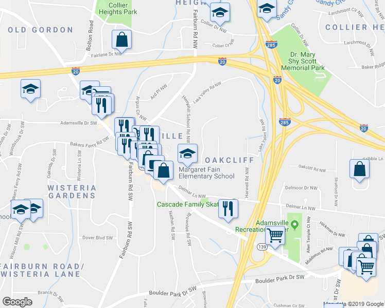 map of restaurants, bars, coffee shops, grocery stores, and more near 141 Hemphill Schol Rd NW in Atlanta