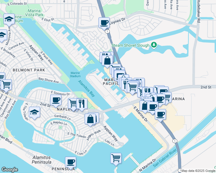 map of restaurants, bars, coffee shops, grocery stores, and more near 7235 Marina Pacifica Drive in Long Beach