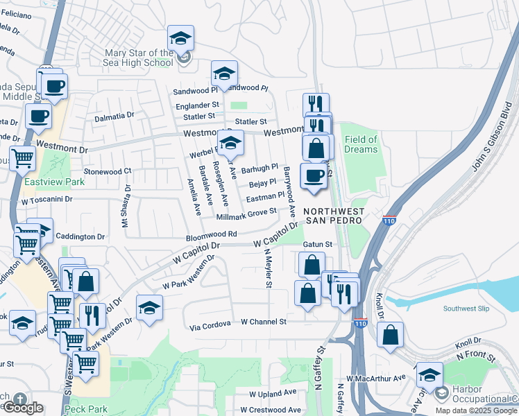map of restaurants, bars, coffee shops, grocery stores, and more near 912 Millmark Grove Street in Los Angeles