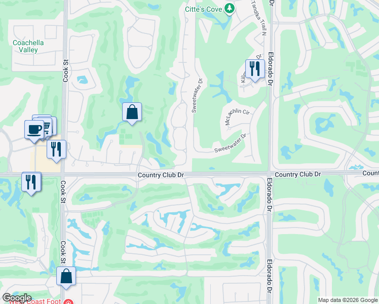 map of restaurants, bars, coffee shops, grocery stores, and more near 136 Desert Falls Drive East in Palm Desert